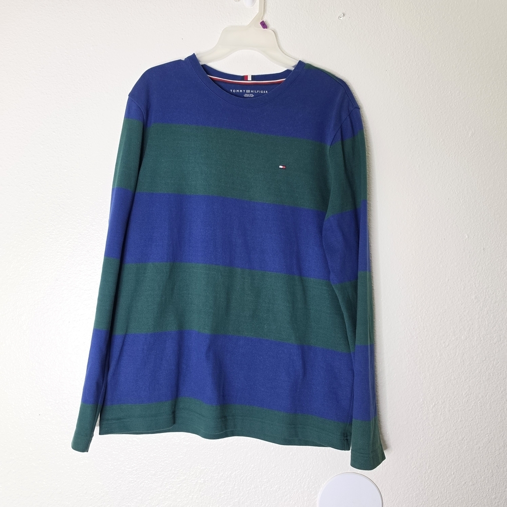 Tommy Hilfiger Striped Long Sleeve Sweatshirt Shirt Blue&Green Cotton Mens Sz M